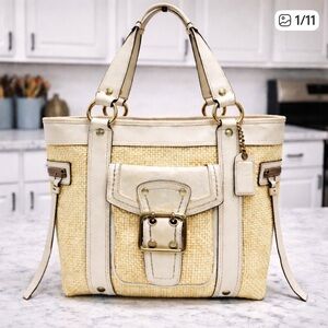 Coach Tote Straw Rattan Legacy White Leather Woven Satchel Y2K